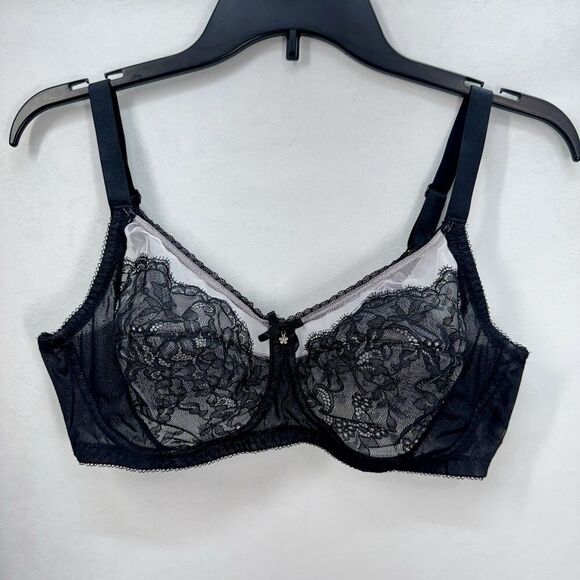 Wacoal Retro Chic Wire Free Unlined Bra Size 38C Black Lace Mesh Bow 852186 - Picture 3 of 8